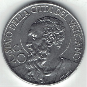 Реверс монеты Ватикан, 20 чентезимо, 1940-1941