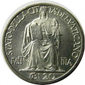 Реверс монеты Ватикан, 20 чентезимо, 1942-1946