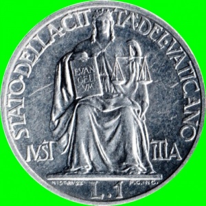 Реверс монеты Ватикан, 1 лира, 1947-1949
