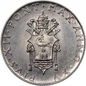 Аверс монеты Ватикан, 1 лира, 1951-1958