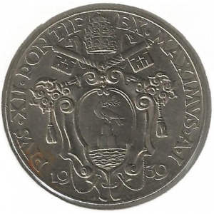 Аверс монеты Ватикан, 2 лиры, 1939