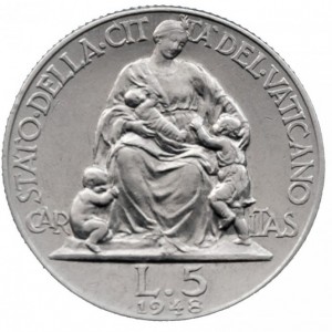 Реверс монеты Ватикан, 5 лир, 1947-1949