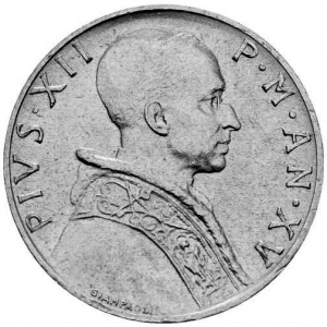 Аверс монеты Ватикан, 5 лир, 1951-1958