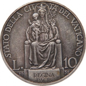 Реверс монеты Ватикан, 10 лир, 1939-1941