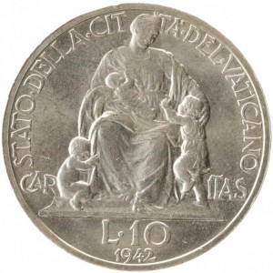 Реверс монеты Ватикан, 10 лир, 1942-1946