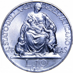 Реверс монеты Ватикан, 10 лир, 1947-1949