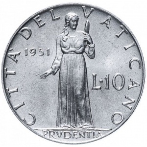 Реверс монеты Ватикан, 10 лир, 1951-1958