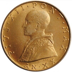 Аверс монеты Ватикан, 20 лир, 1957-1958