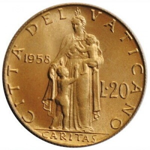 Реверс монеты Ватикан, 20 лир, 1957-1958