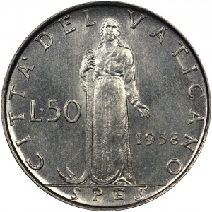 Реверс монеты Ватикан, 50 лир, 1955-1958