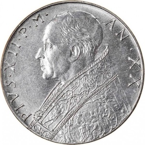 Аверс монеты Ватикан, 100 лир, 1955-1958