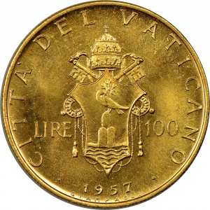 Реверс монеты Ватикан, 100 лир, 1957-1958