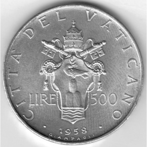 Реверс монеты Ватикан, 500 лир, 1958