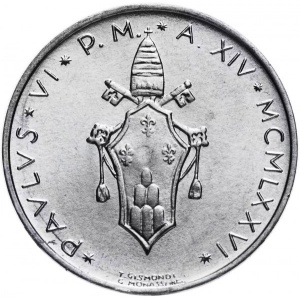 Аверс монеты Ватикан, 5 лир, 1970-1977