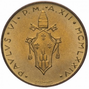 Аверс монеты Ватикан, 20 лир, 1970-1977