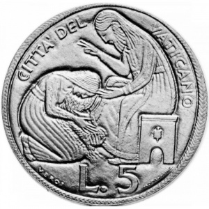 Реверс монеты Ватикан, 5 лир, 1975, Священный год