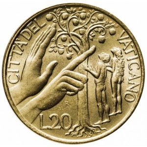 Реверс монеты Ватикан, 20 лир, 1988, Искушение Адама и Евы