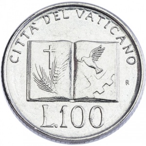 Реверс монеты Ватикан, 100 лир, 1992