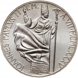 Аверс монеты Ватикан, 1000 лир, 1985, 7-й год правления Иоанна Павла II