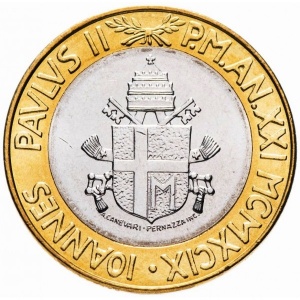 Аверс монеты Ватикан, 1000 лир, 1999