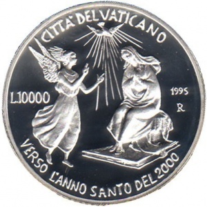 Реверс монеты Ватикан, 10.000 лир, 1995, Святой Год 2000 - Благовещение