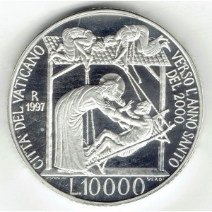 Реверс монеты Ватикан, 10.000 лир, 1997, Святой Год 2000 - Исцеление парализованного