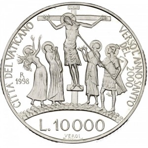 Реверс монеты Ватикан, 10.000 лир, 1998, Святой Год 2000 - Распятие Иисуса Христа