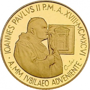 Аверс монеты Ватикан, 50.000 лир, 1996, Святой Год 2000 - Иоанн Вавилонянин и святой Иоанн Евангелист