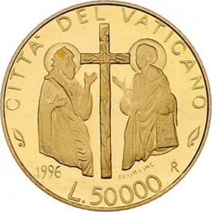 Реверс монеты Ватикан, 50.000 лир, 1996, Святой Год 2000 - Иоанн Вавилонянин и святой Иоанн Евангелист
