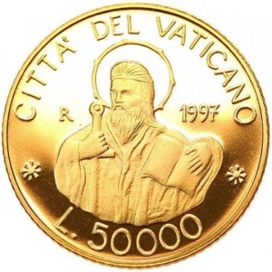 Реверс монеты Ватикан, 50.000 лир, 1997, Святой Год 2000 - Святой Павел
