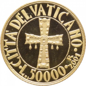 Реверс монеты Ватикан, 50.000 лир, 2001, Религиозные символы - Крест Юстина II