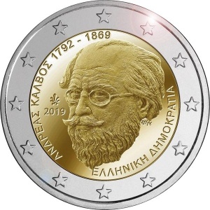 Аверс монеты Греция, 2 евро, 2019, 150 лет со дня смерти Андреаса Калвоса