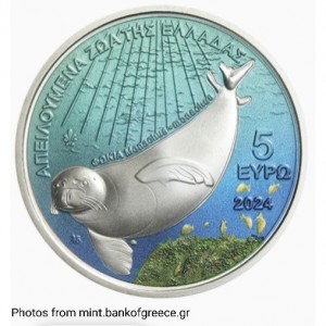 Реверс монеты Греция, 5 евро, 2024, Находящаяся под угрозой исчезновения фауна Греции - Средиземноморский тюлень-монах