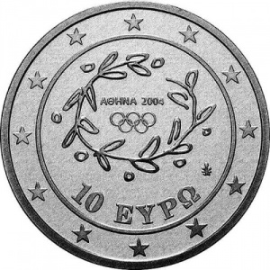 Аверс монеты Греция, 10 евро, 2004, XXVIII летние Олимпийские Игры, Афины 2004 - Плавание