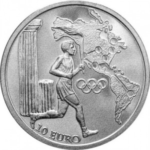 Реверс монеты Греция, 10 евро, 2004, Эстафета олимпийского огня - Северная и Южная Америка