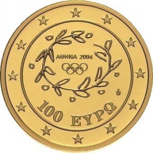 Аверс монеты Греция, 100 евро, 2004, XXVIII летние Олимпийские Игры, Афины 2004 - Факелоносец