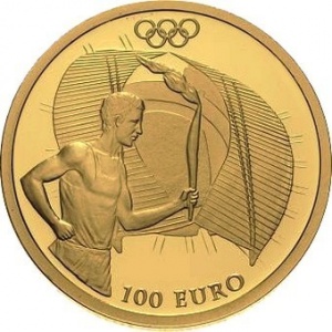 Реверс монеты Греция, 100 евро, 2004, XXVIII летние Олимпийские Игры, Афины 2004 - Факелоносец