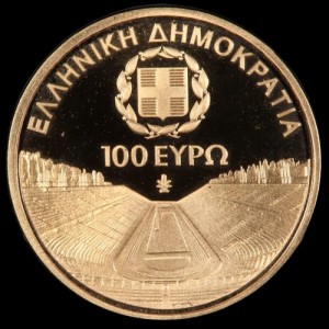Аверс монеты Греция, 100 евро, 2011, Специальные Летние Всемирные Олимпийские Игры 2011 в Афинах