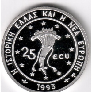 Аверс монеты Греция, 25 ЭКЮ, 1993, Сова на ветке