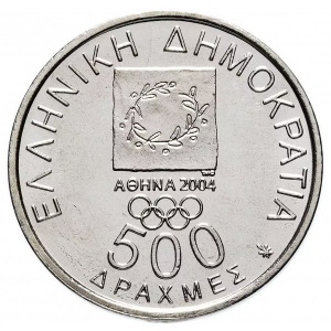 Аверс монеты Греция, 500 драхм, 2000, XXVIII летние Олимпийские Игры, Афины 2004 - Президент Викелас и Барон Кубертен