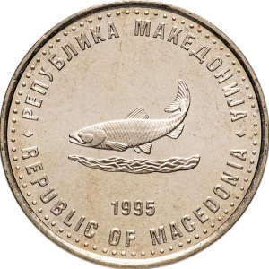 Аверс монеты Северная Македония, 2 денара, 1995, 50 лет ФАО, Медь-Никель-Цинк /серый цвет/
