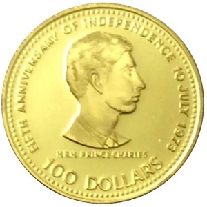 Реверс монеты Багамы, 100 долларов, 1978, 5 лет Независимости. Принц Чарльз
