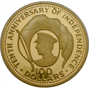 Реверс монеты Багамы, 100 долларов, 1983, 10 лет Независимости