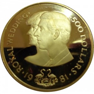 Реверс монеты Багамы, 500 долларов, 1981, Свадьба Принца Чарльза и Леди Дианы