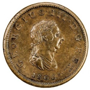 Аверс монеты Багамы, 1 пенни, 1806, Позолоченная медь