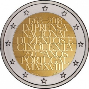 Аверс монеты Португалия, 2 евро, 2018, 250 лет Imprensa Nacional-Casa da Moeda