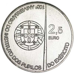 Аверс монеты Португалия, 2½ евро, 2011, 100 лет Военному институту армейских курсантов