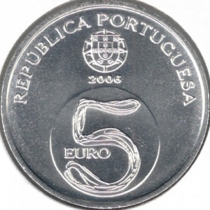 Аверс монеты Португалия, 5 евро, 2006, ЮНЕСКО - Монастырь Алкобаса