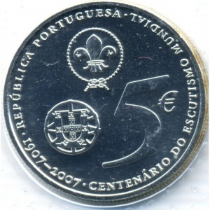 Аверс монеты Португалия, 5 евро, 2007, 100 лет скаутскому движению