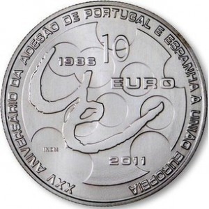 Реверс монеты Португалия, 10 евро, 2011, 25 лет вступлению Португалии и Испании в Евросоюз